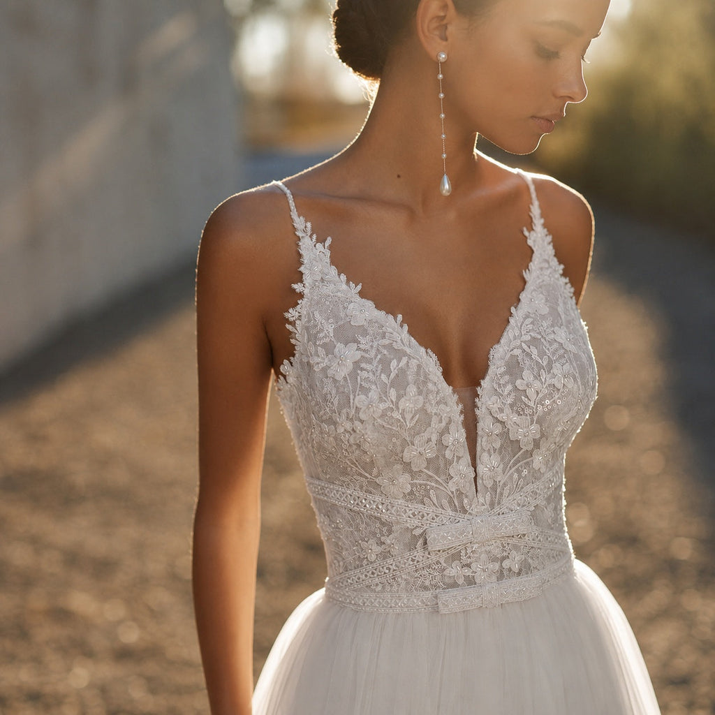 Naia | Vestido de Novia Boho Mujer Encaje Tirantes Escote V