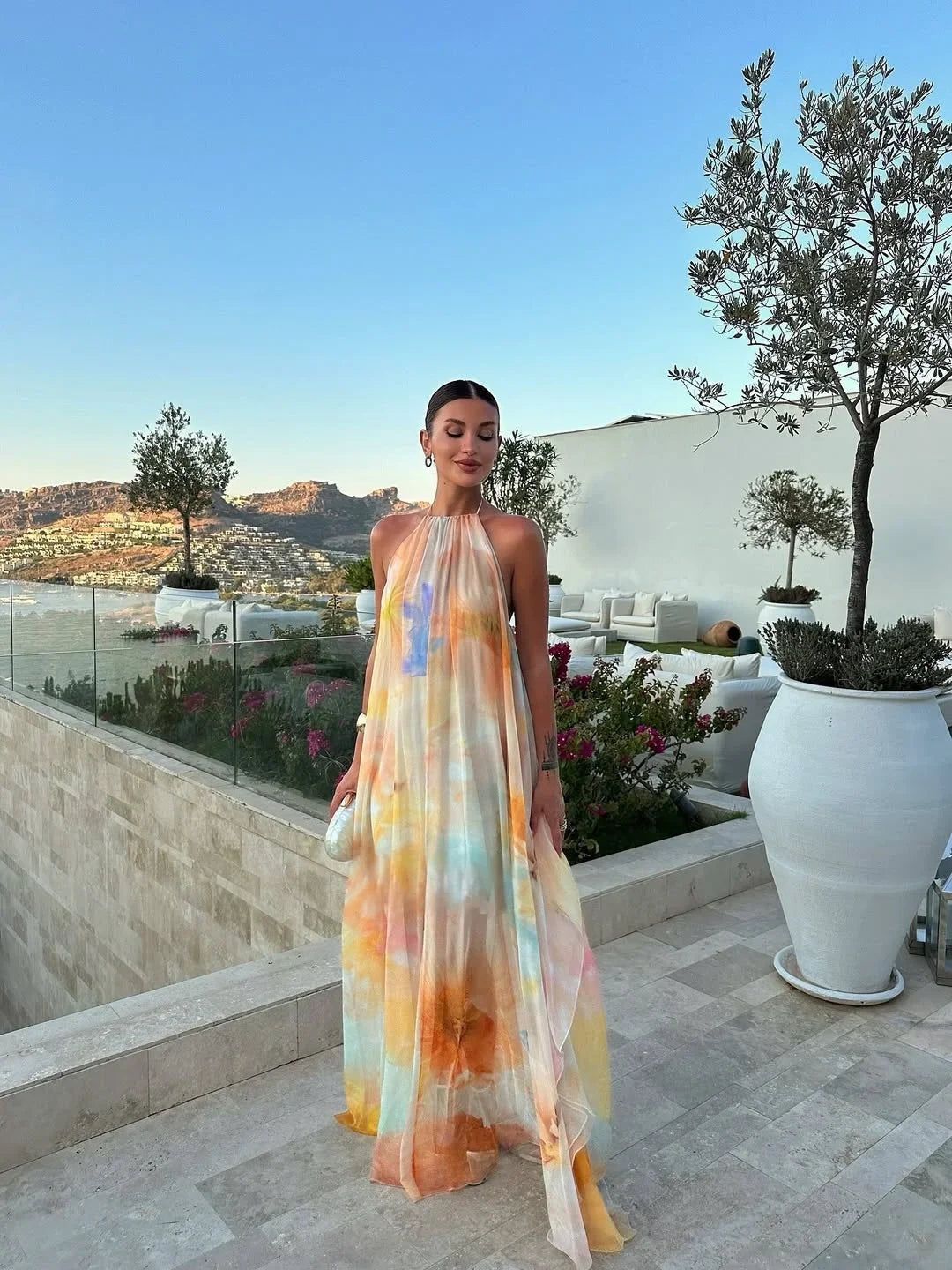Natalia | Vestido Largo Lencero Mujer Halter Estampado Acuarela