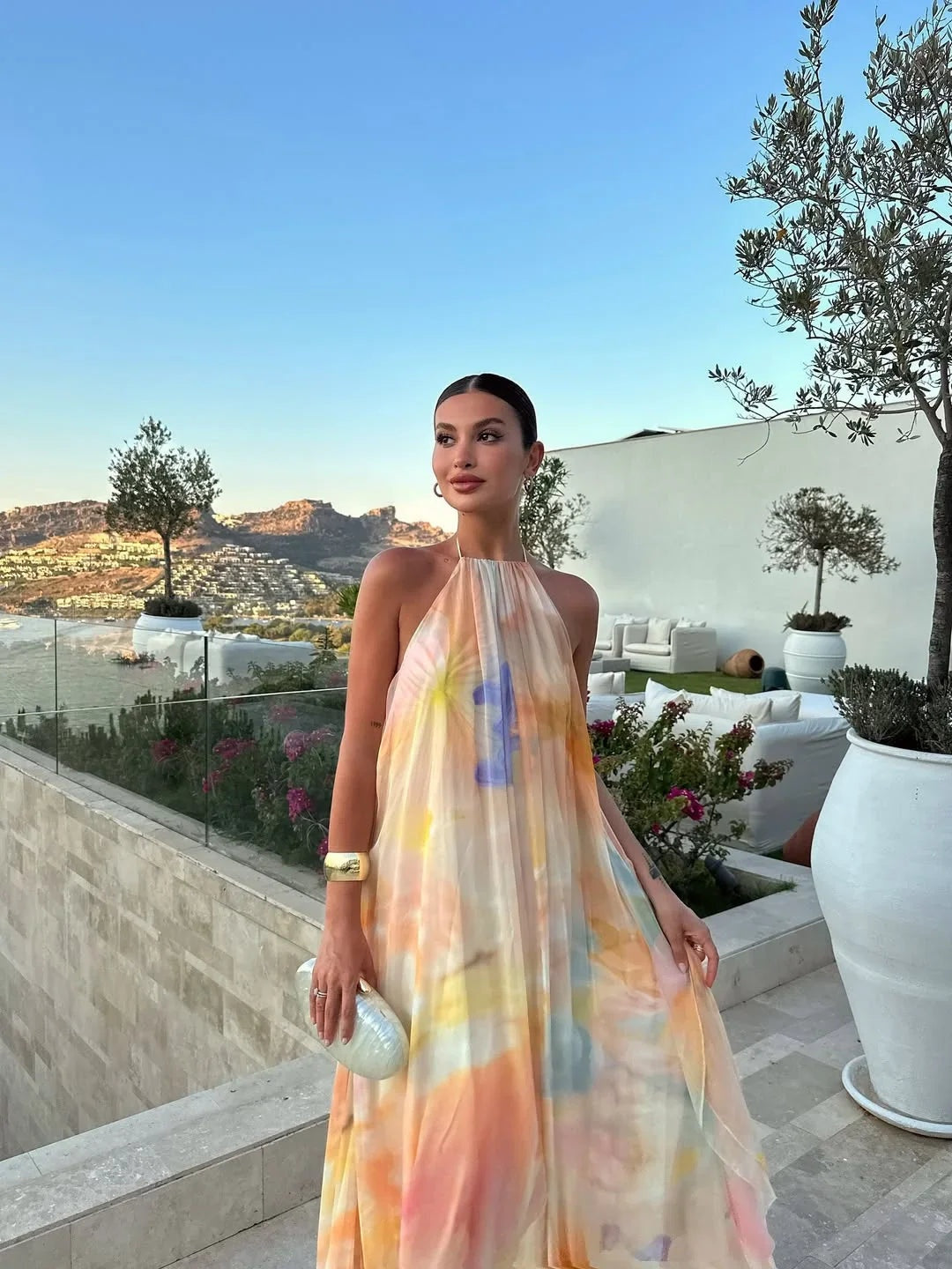 Natalia | Vestido Largo Lencero Mujer Halter Estampado Acuarela