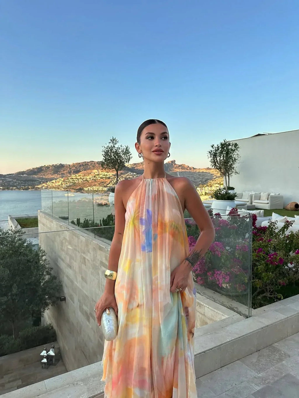 Natalia | Vestido Largo Lencero Mujer Halter Estampado Acuarela