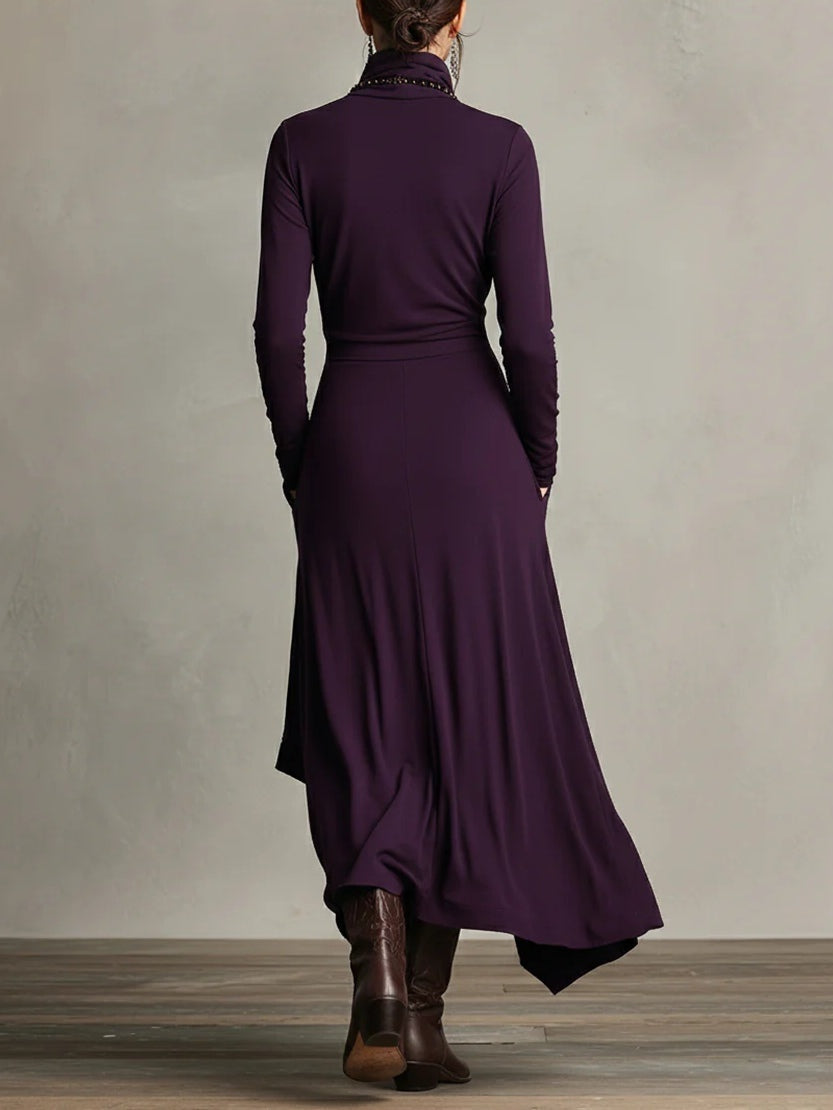 Olga | Vestido Largo Drapeado Asimétrico Mujer Cuello Alto
