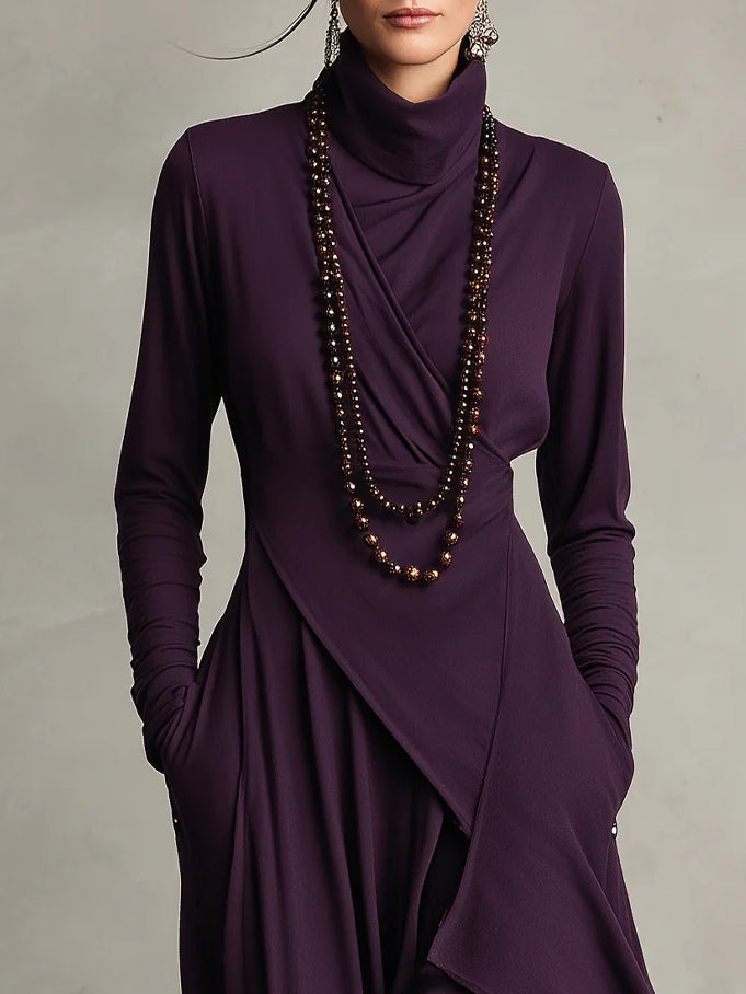 Olga | Vestido Largo Drapeado Asimétrico Mujer Cuello Alto