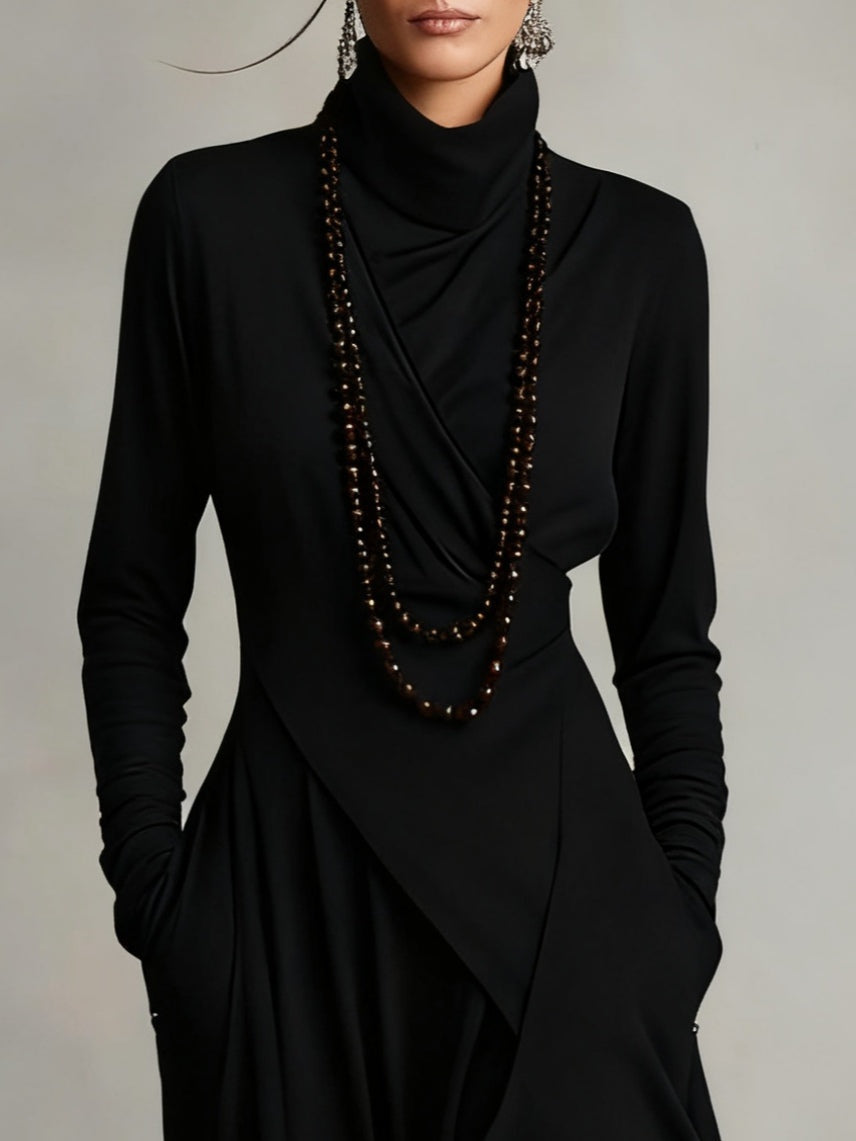 Olga | Vestido Largo Drapeado Asimétrico Mujer Cuello Alto