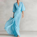 Paloma | Vestido Largo Drapeado de Invitada Mujer Manga Abullonada Escote V