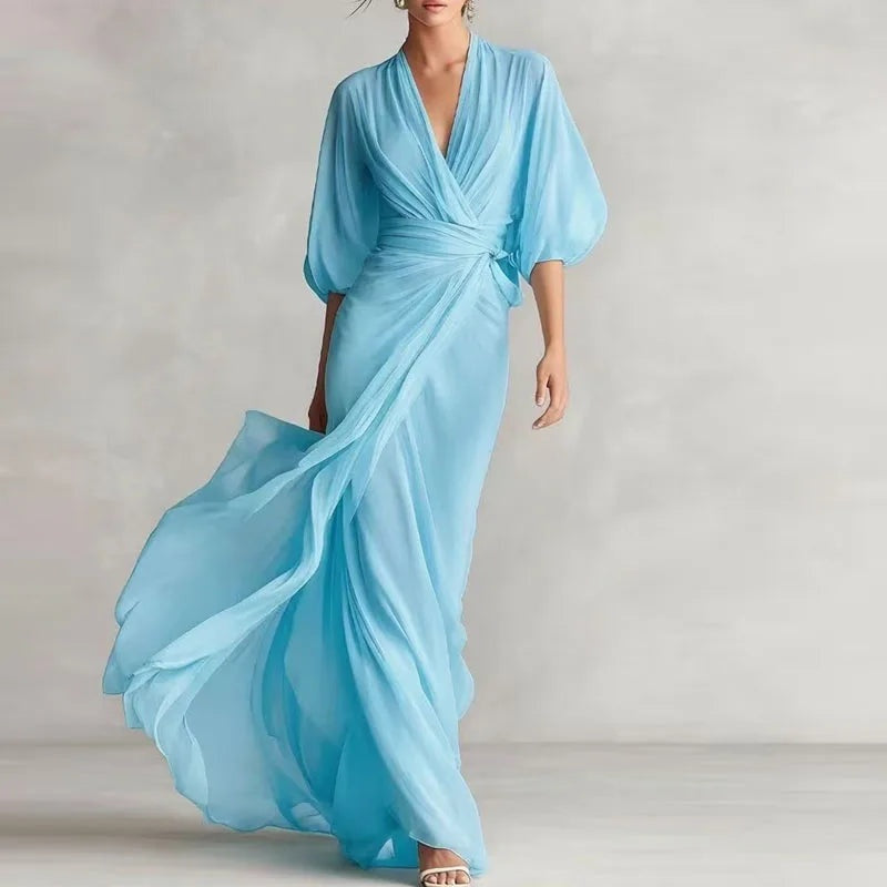 Paloma | Vestido Largo Drapeado de Invitada Mujer Manga Abullonada Escote V
