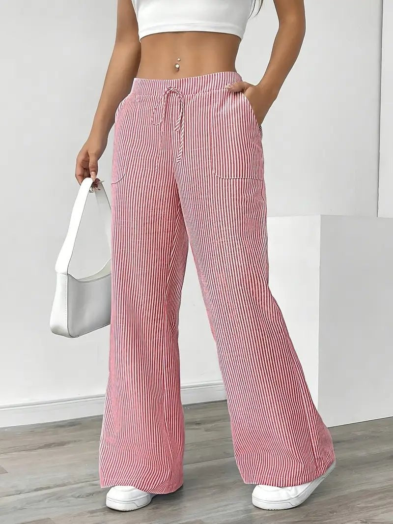 Adriana | Pantalón de Lino a Rayas Palazzo Mujer Cintura Ajustable