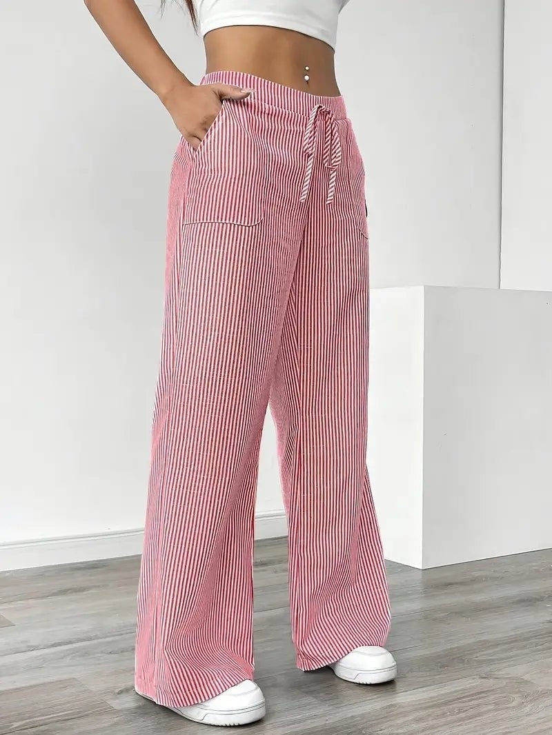 Adriana | Pantalón de Lino a Rayas Palazzo Mujer Cintura Ajustable
