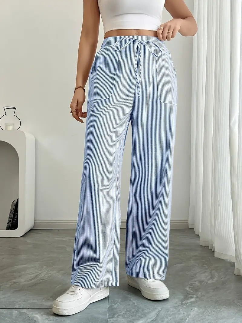 Adriana | Pantalón de Lino a Rayas Palazzo Mujer Cintura Ajustable