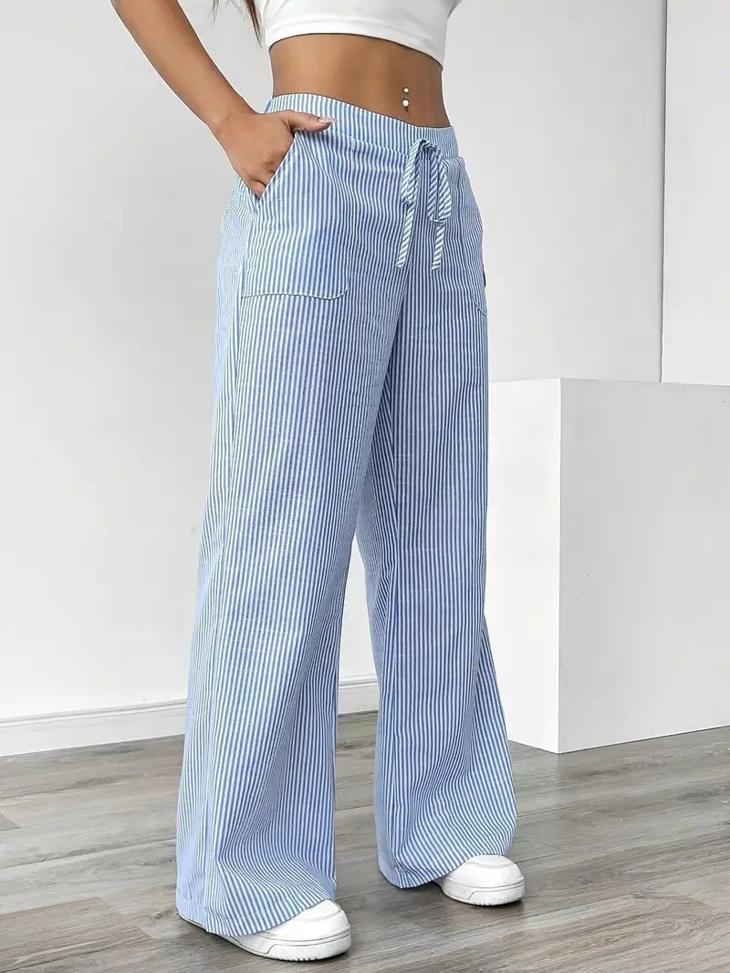 Adriana | Pantalón de Lino a Rayas Palazzo Mujer Cintura Ajustable