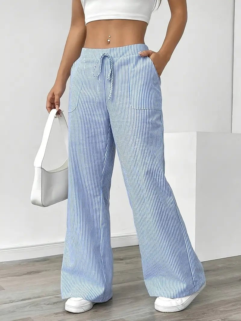 Adriana | Pantalón de Lino a Rayas Palazzo Mujer Cintura Ajustable