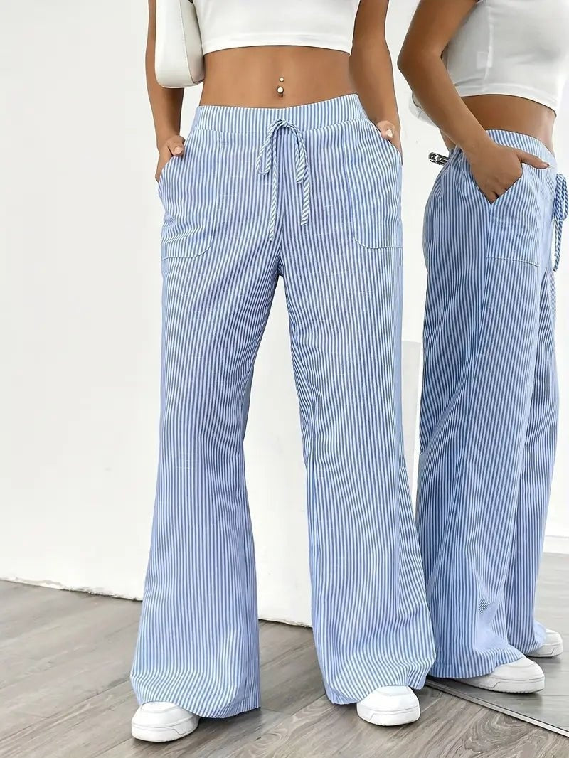 Adriana | Pantalón de Lino a Rayas Palazzo Mujer Cintura Ajustable