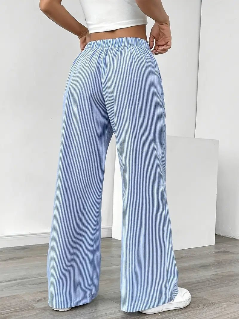 Adriana | Pantalón de Lino a Rayas Palazzo Mujer Cintura Ajustable