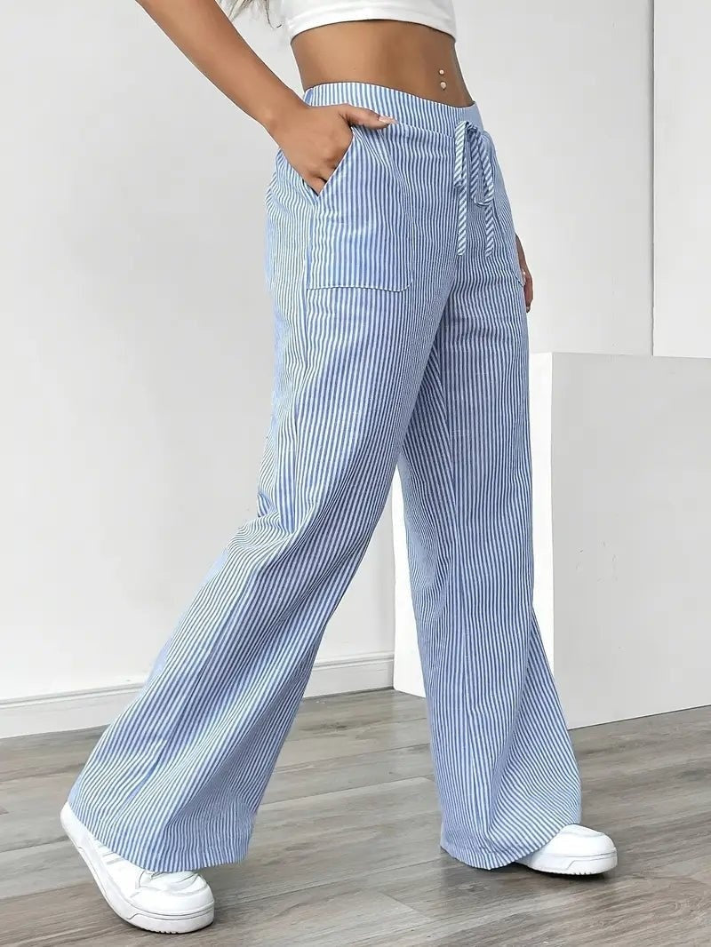 Adriana | Pantalón de Lino a Rayas Palazzo Mujer Cintura Ajustable