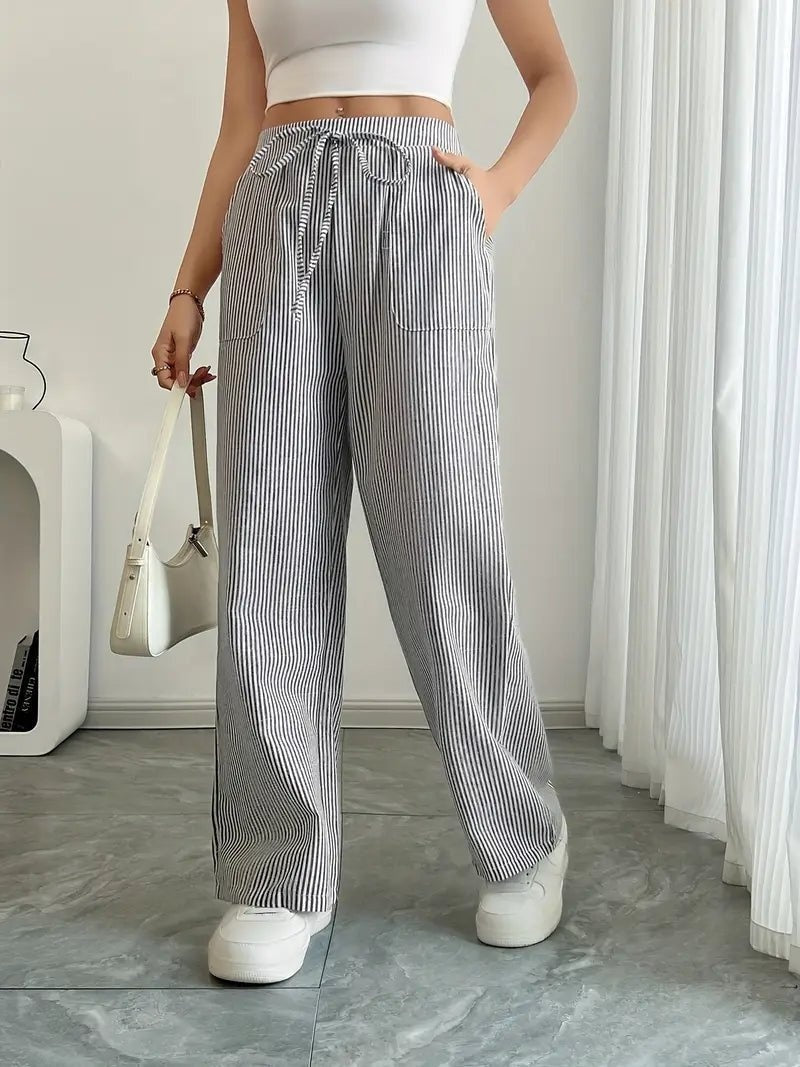 Adriana | Pantalón de Lino a Rayas Palazzo Mujer Cintura Ajustable