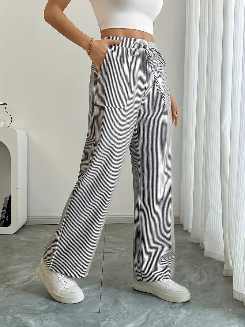 Adriana | Pantalón de Lino a Rayas Palazzo Mujer Cintura Ajustable