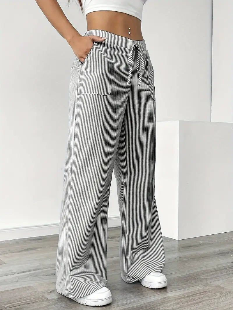 Adriana | Pantalón de Lino a Rayas Palazzo Mujer Cintura Ajustable