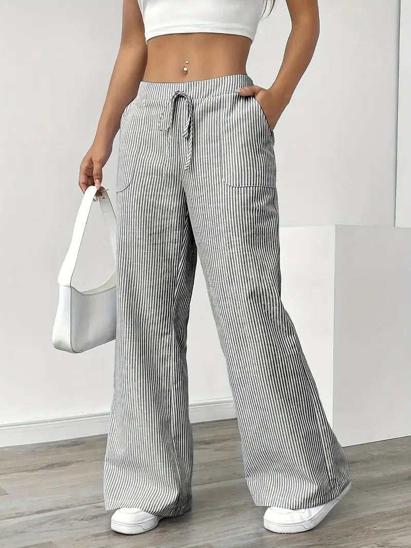 Adriana | Pantalón de Lino a Rayas Palazzo Mujer Cintura Ajustable