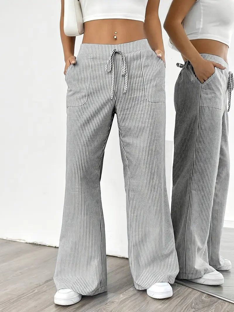 Adriana | Pantalón de Lino a Rayas Palazzo Mujer Cintura Ajustable