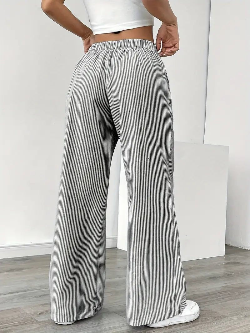 Adriana | Pantalón de Lino a Rayas Palazzo Mujer Cintura Ajustable