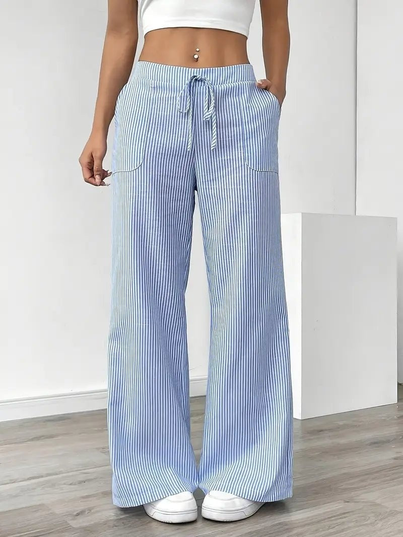 Adriana | Pantalón de Lino a Rayas Palazzo Mujer Cintura Ajustable