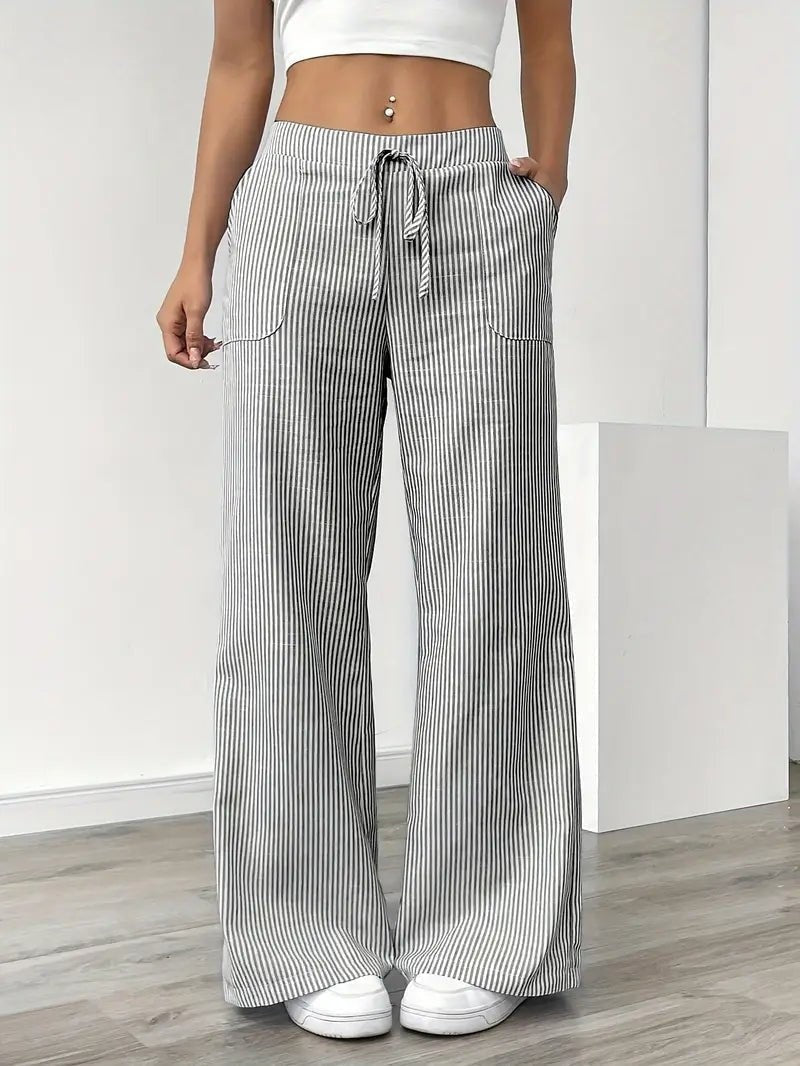 Adriana | Pantalón de Lino a Rayas Palazzo Mujer Cintura Ajustable