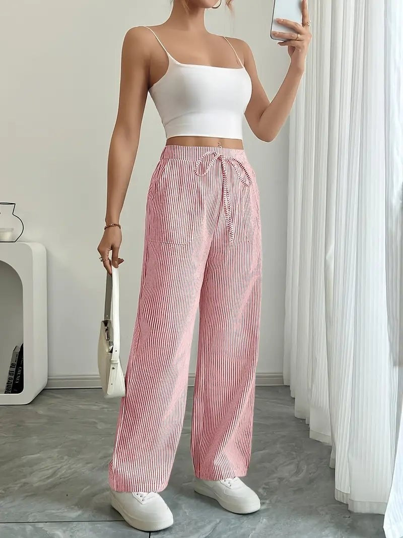 Adriana | Pantalón de Lino a Rayas Palazzo Mujer Cintura Ajustable