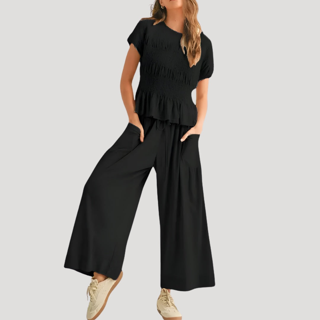 Pilar | Conjunto Casual de Verano Top Peplum y Pantalón Palazzo Mujer