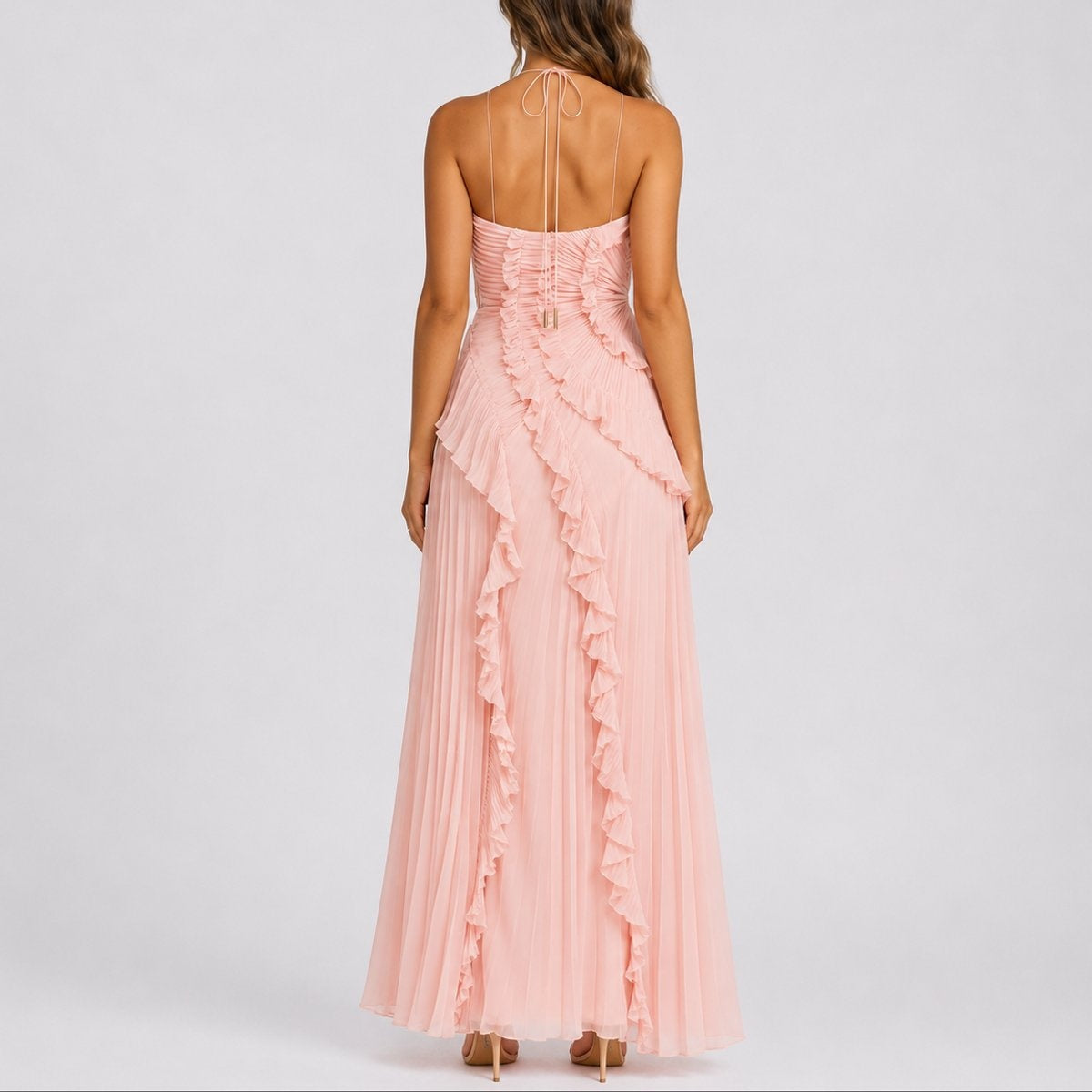 Pilar | Vestido Invitada Otoño Plisado con Volantes Mujer Cuello Halter