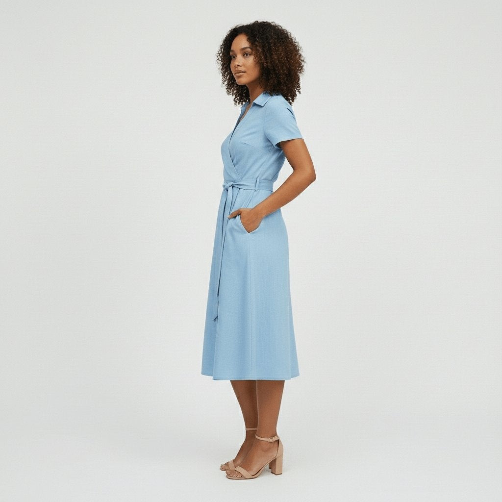 Raquel | Vestido Midi Camisero Cruzado Mujer Cinturón Manga Corta