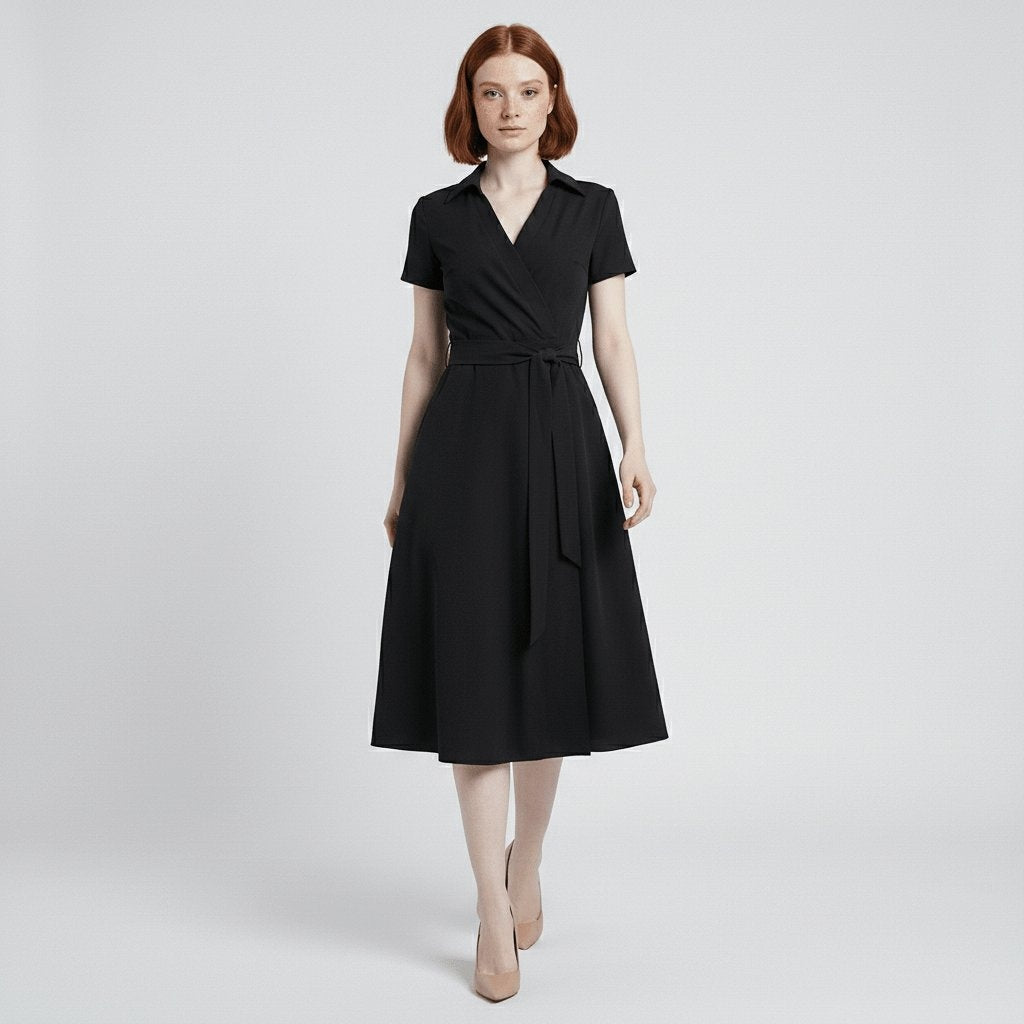 Raquel | Vestido Midi Camisero Cruzado Mujer Cinturón Manga Corta