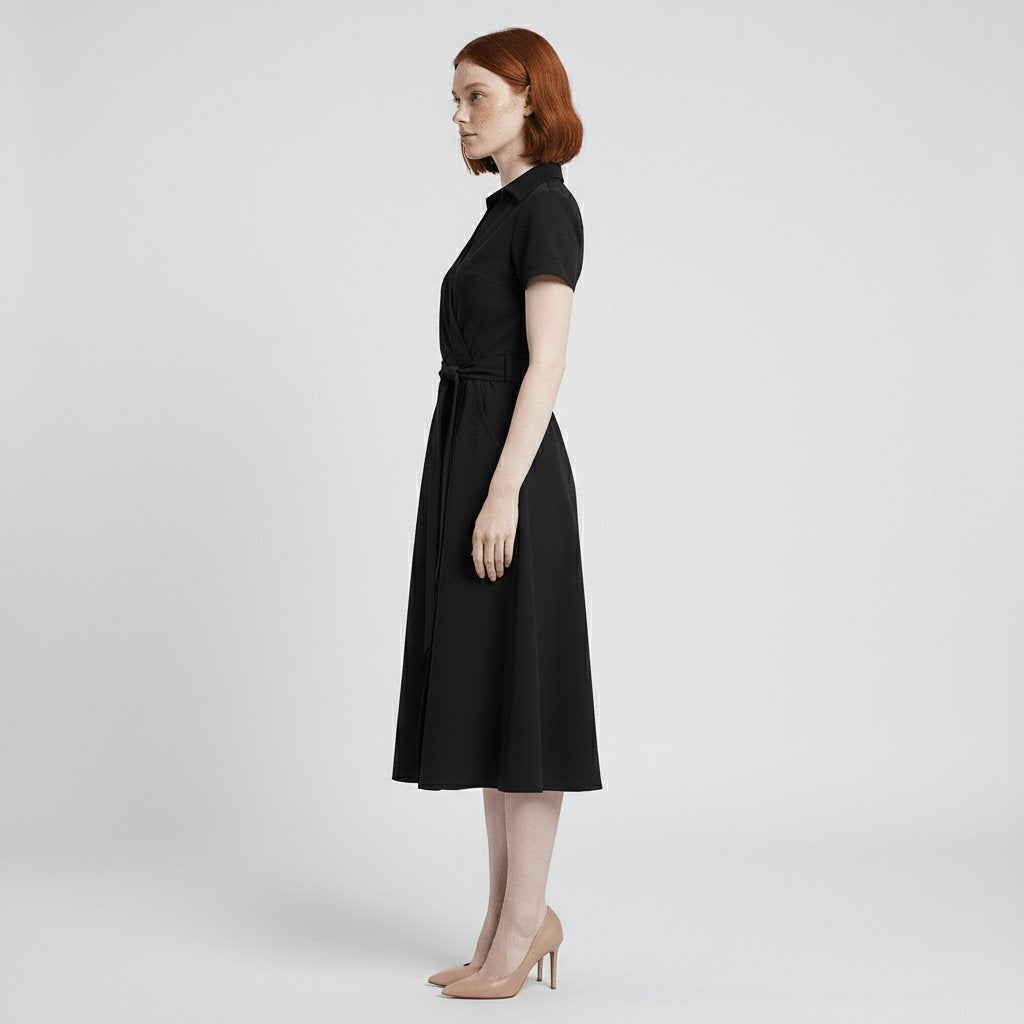 Raquel | Vestido Midi Camisero Cruzado Mujer Cinturón Manga Corta