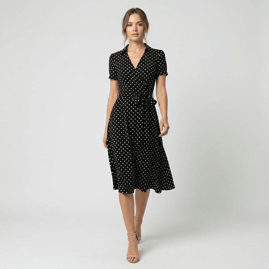 Raquel | Vestido Midi Camisero Cruzado Mujer Cinturón Manga Corta