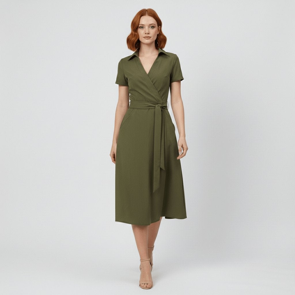 Raquel | Vestido Midi Camisero Cruzado Mujer Cinturón Manga Corta