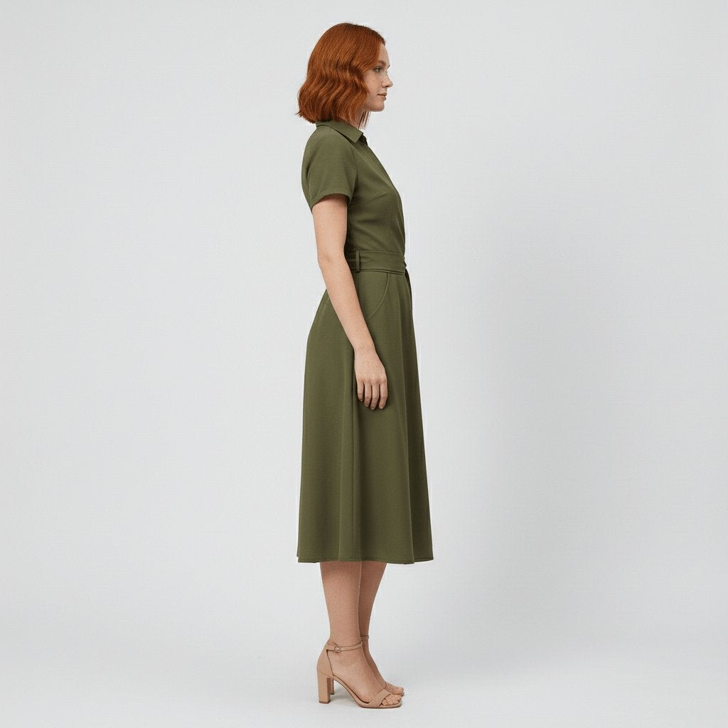 Raquel | Vestido Midi Camisero Cruzado Mujer Cinturón Manga Corta