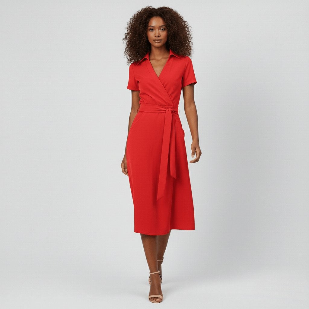 Raquel | Vestido Midi Camisero Cruzado Mujer Cinturón Manga Corta