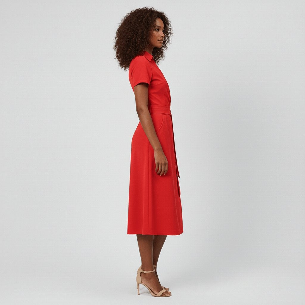Raquel | Vestido Midi Camisero Cruzado Mujer Cinturón Manga Corta