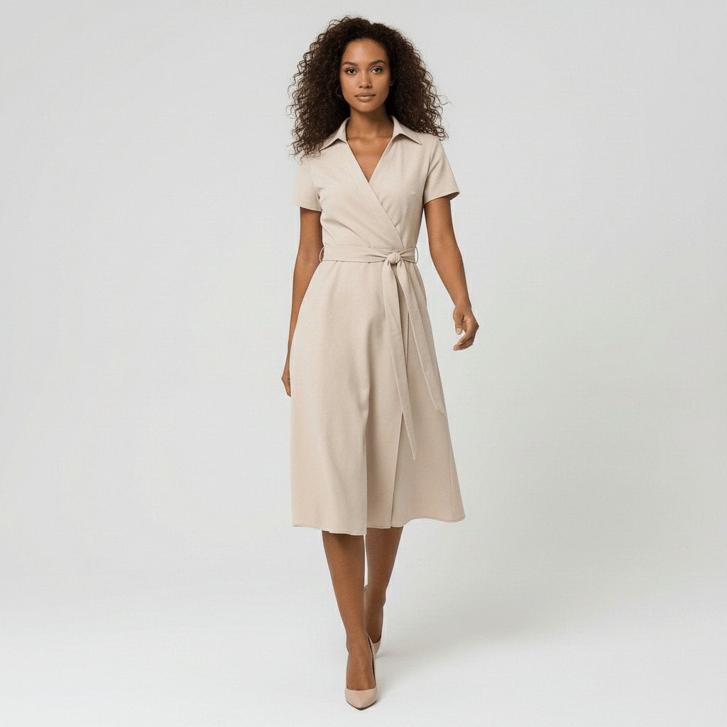 Raquel | Vestido Midi Camisero Cruzado Mujer Cinturón Manga Corta