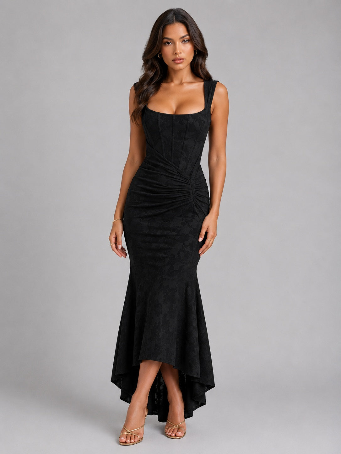 Rebeca | Vestido de Noche Midi Mujer Corpiño Fruncido Dobladillo Asimétrico