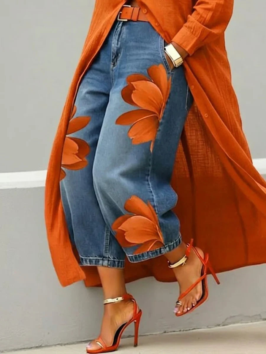 Rocío | Conjunto Camisa Larga y Jeans Florales Mujer Manga Larga