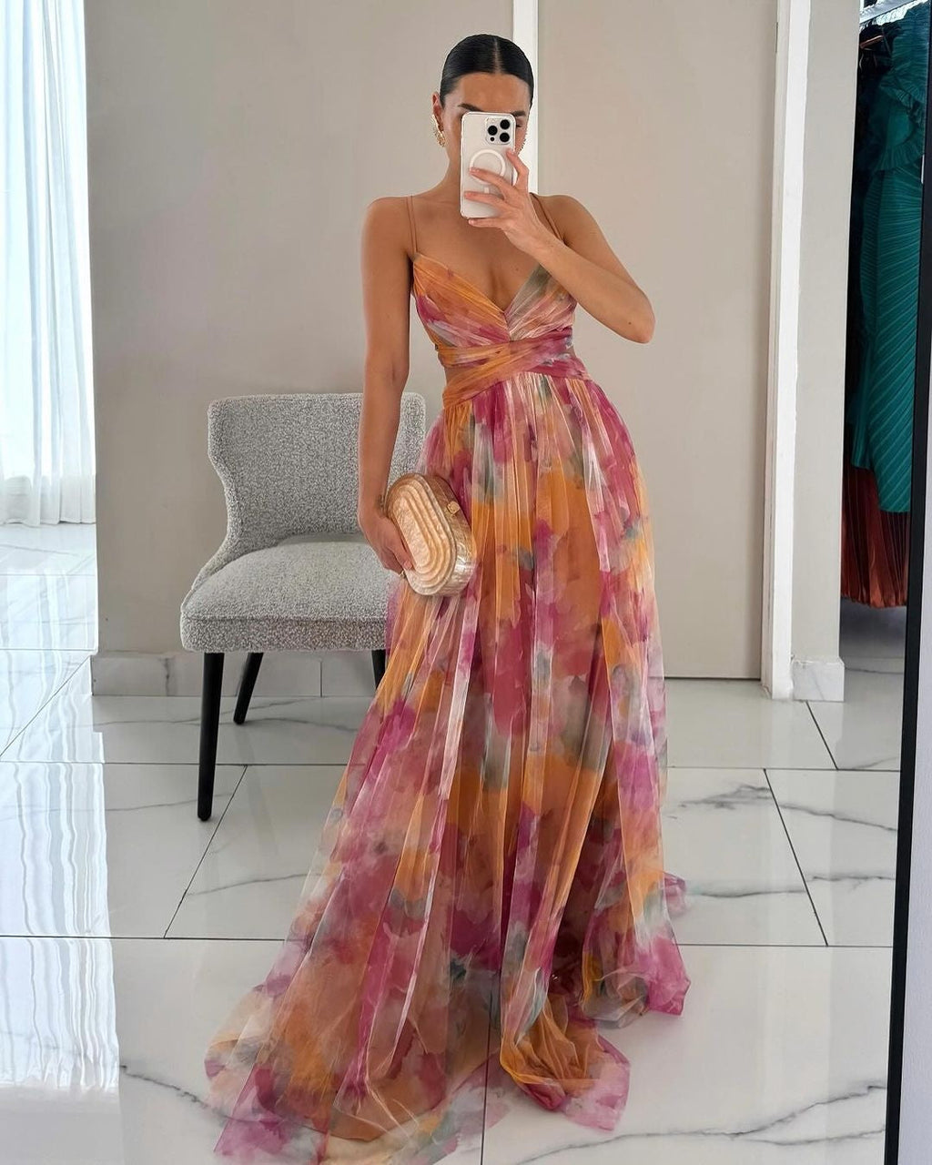 Rocío | Vestido Largo Estampado de Tirantes Mujer Escote V Fluido