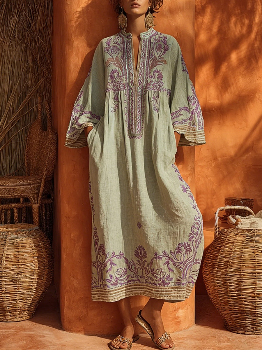 Rosalía | Vestido Largo Bordado Boho Mujer Escote V Manga Larga