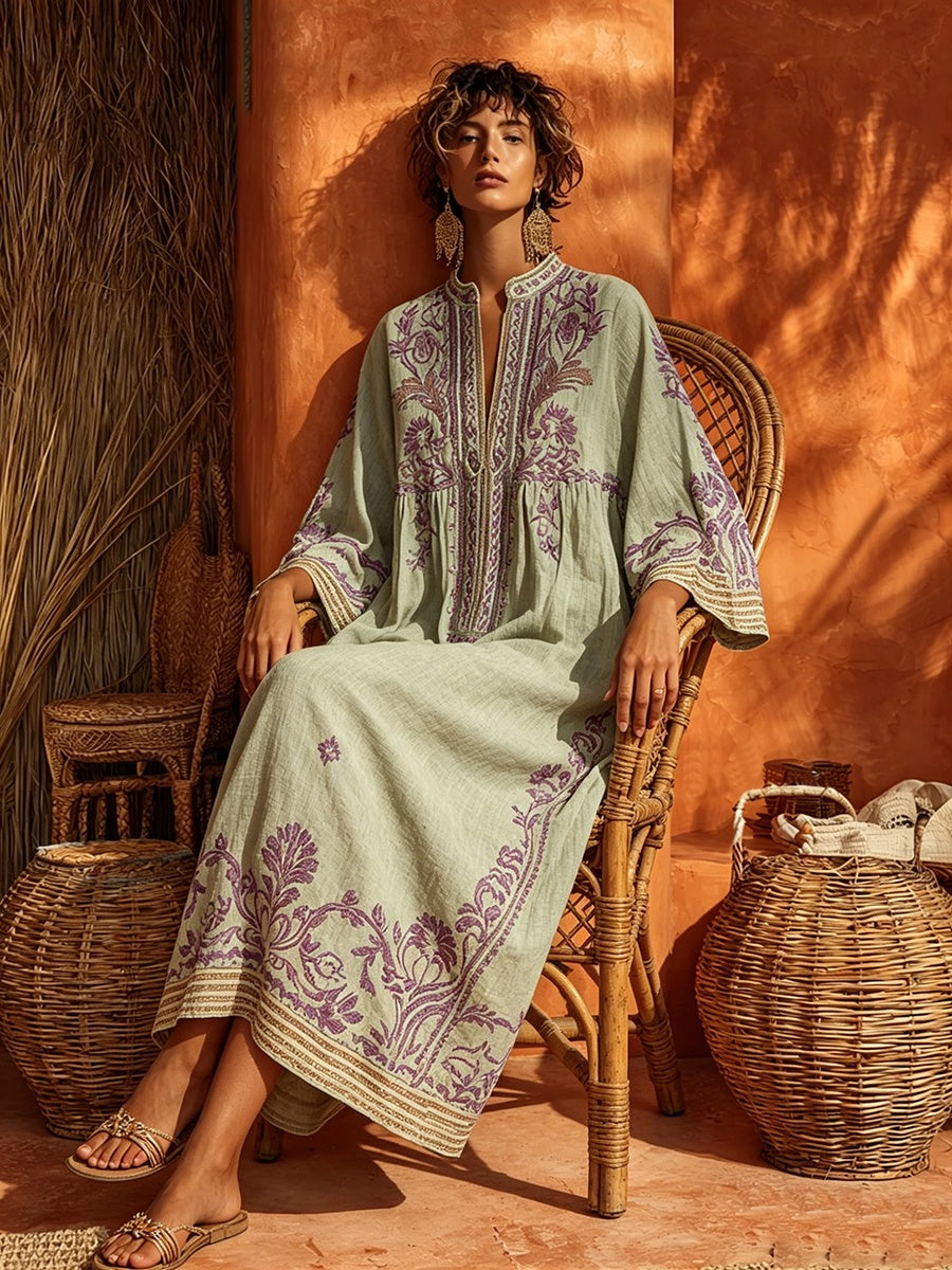 Rosalía | Vestido Largo Bordado Boho Mujer Escote V Manga Larga