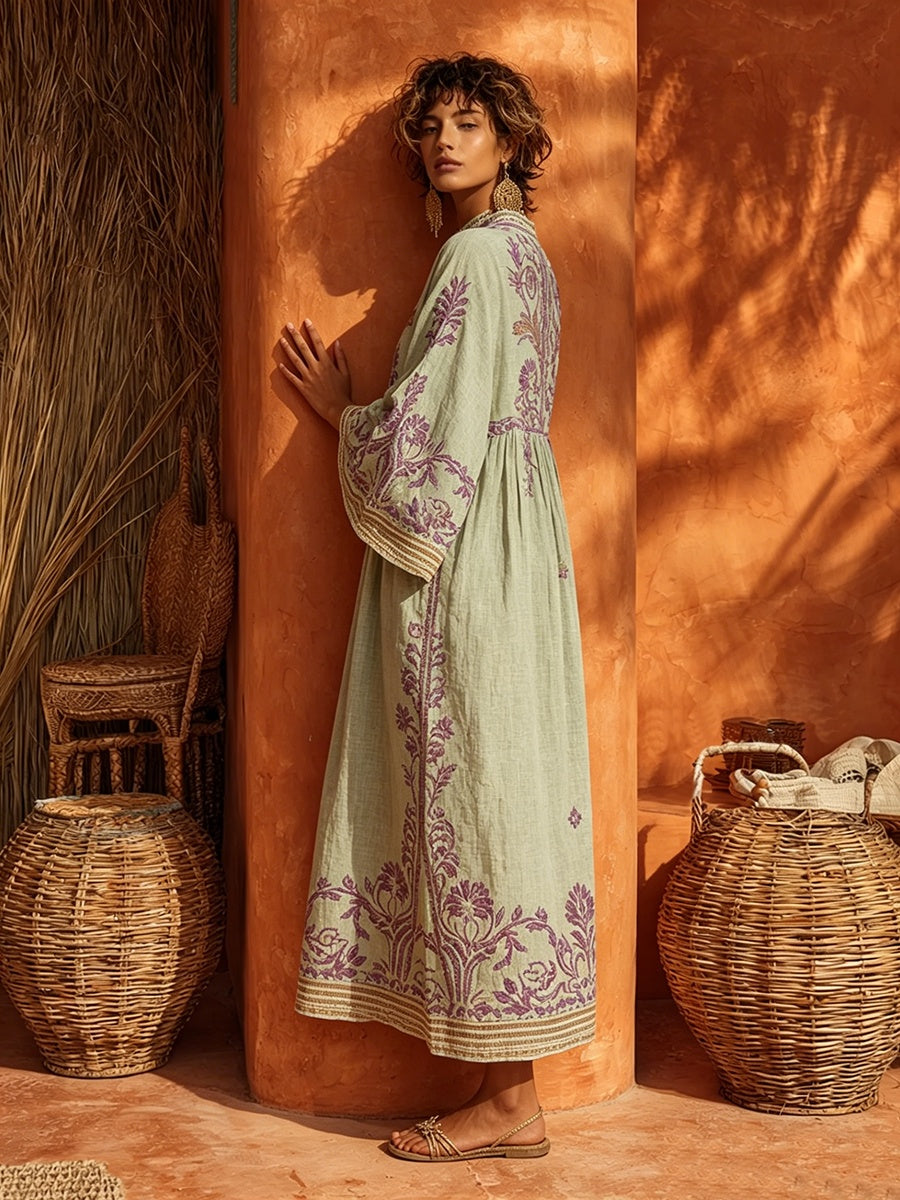 Rosalía | Vestido Largo Bordado Boho Mujer Escote V Manga Larga
