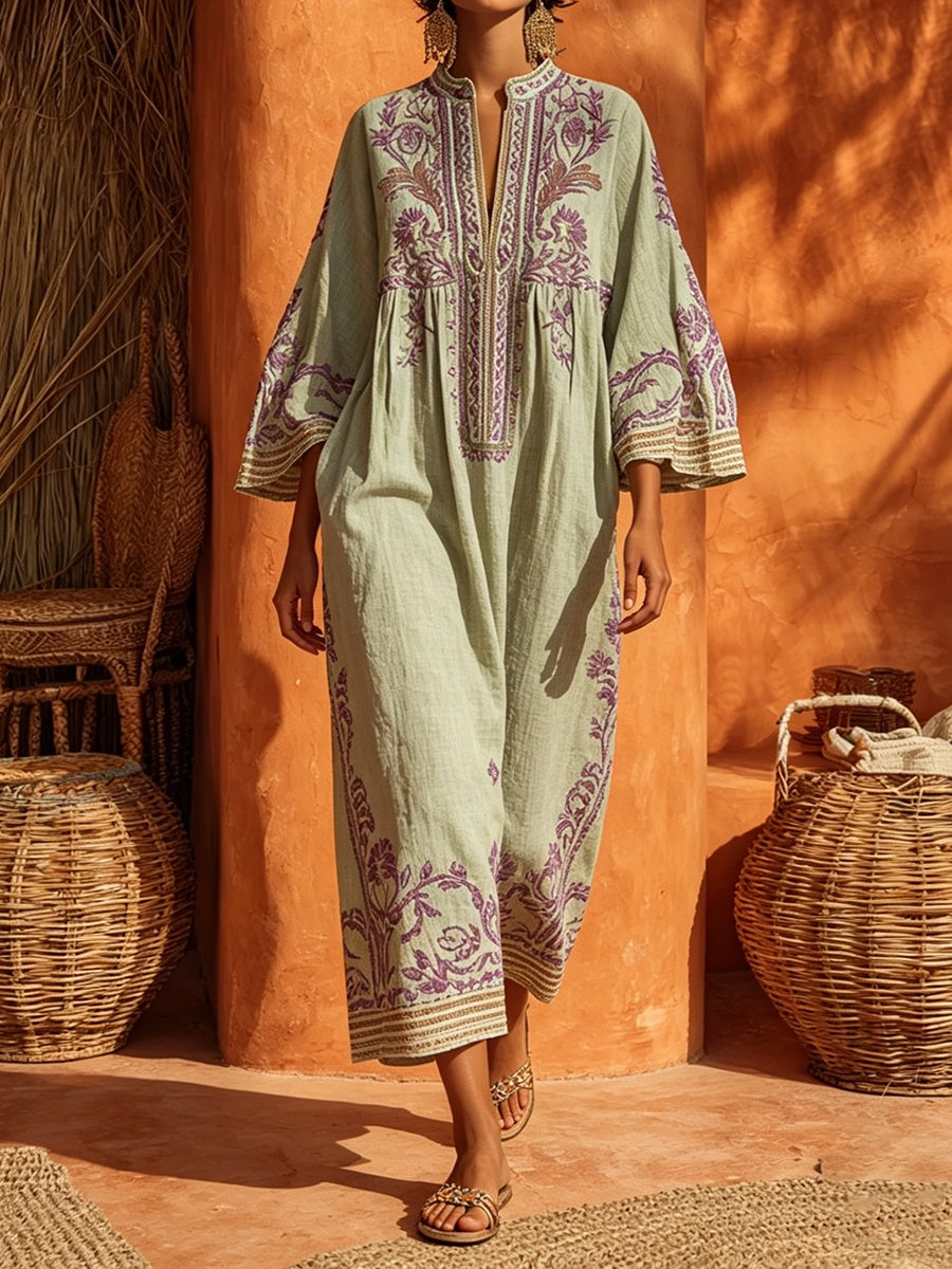 Rosalía | Vestido Largo Bordado Boho Mujer Escote V Manga Larga