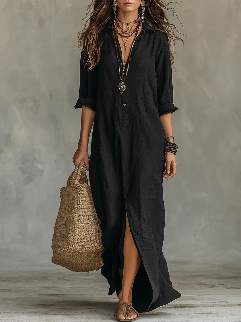 Rosalía | Vestido Largo Camisero de Verano Manga Larga Mujer Escote V
