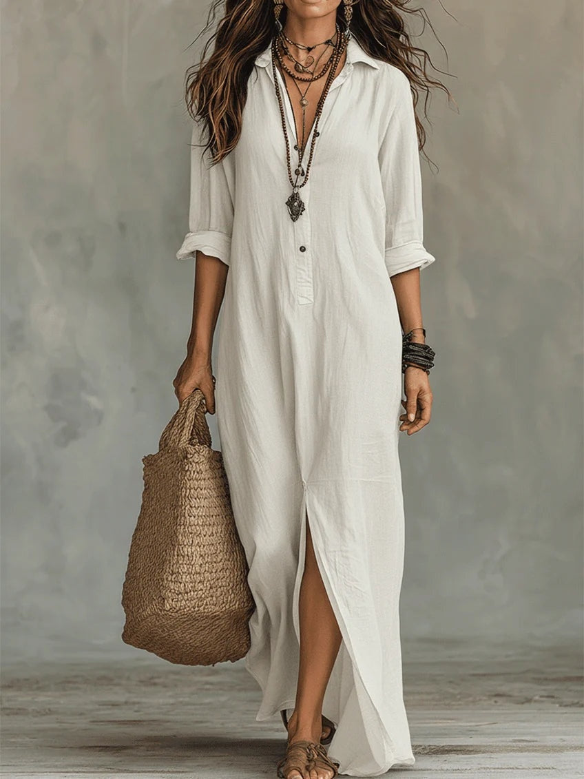 Rosalía | Vestido Largo Camisero de Verano Manga Larga Mujer Escote V
