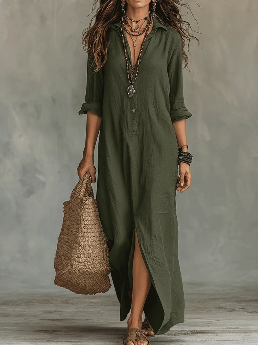 Rosalía | Vestido Largo Camisero de Verano Manga Larga Mujer Escote V