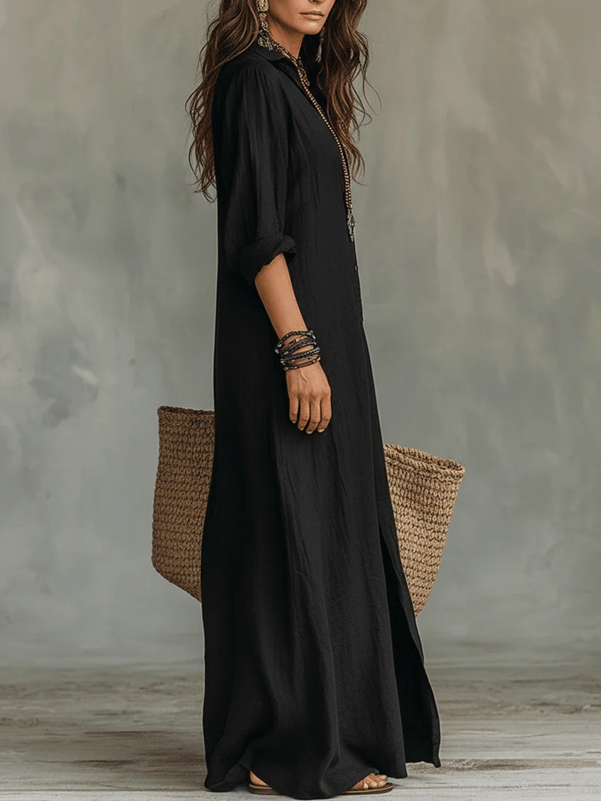Rosalía | Vestido Largo Camisero de Verano Manga Larga Mujer Escote V