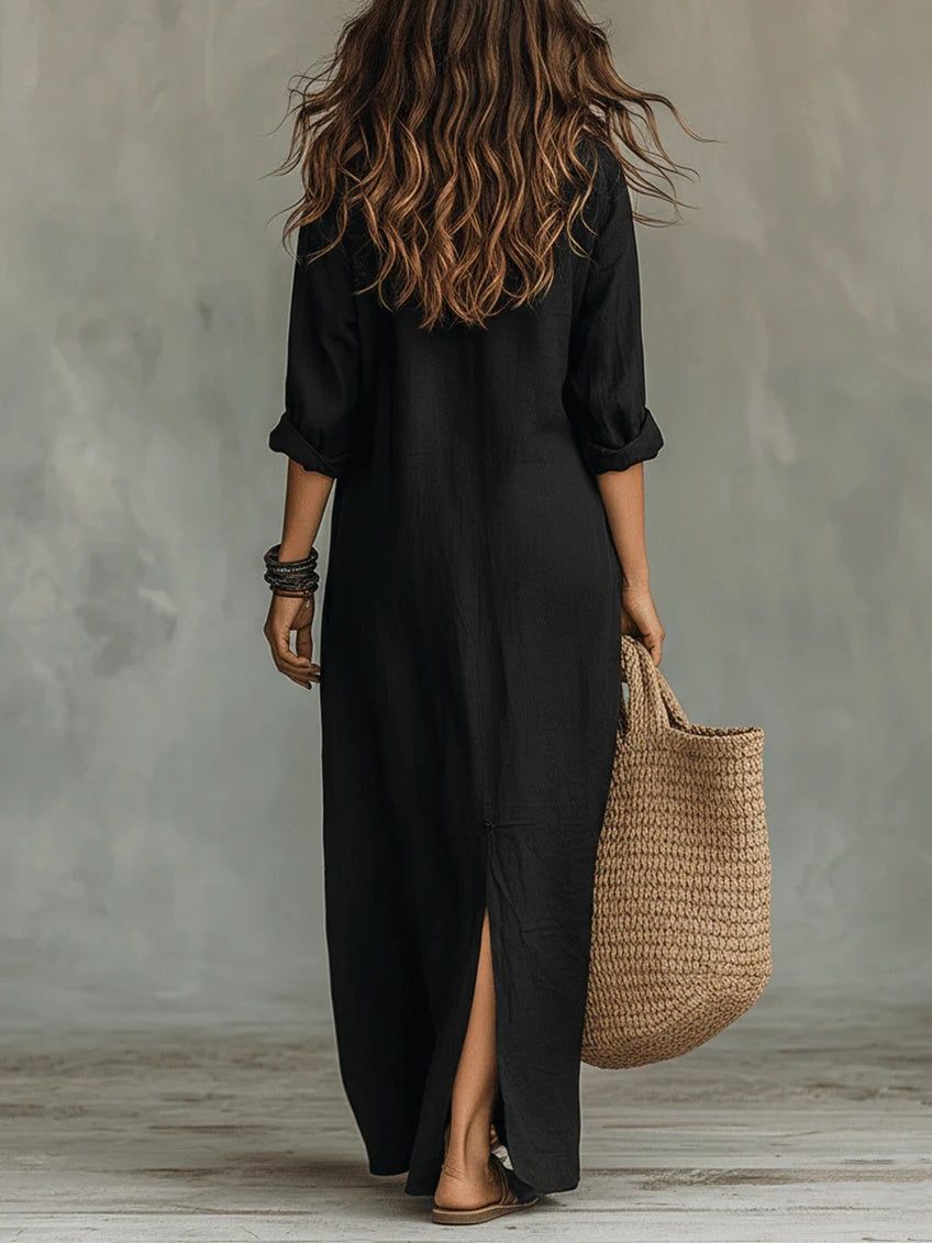 Rosalía | Vestido Largo Camisero de Verano Manga Larga Mujer Escote V