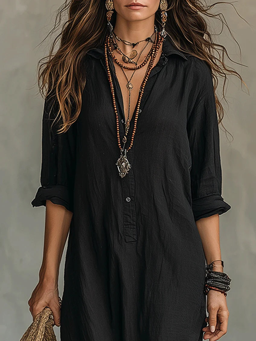 Rosalía | Vestido Largo Camisero de Verano Manga Larga Mujer Escote V